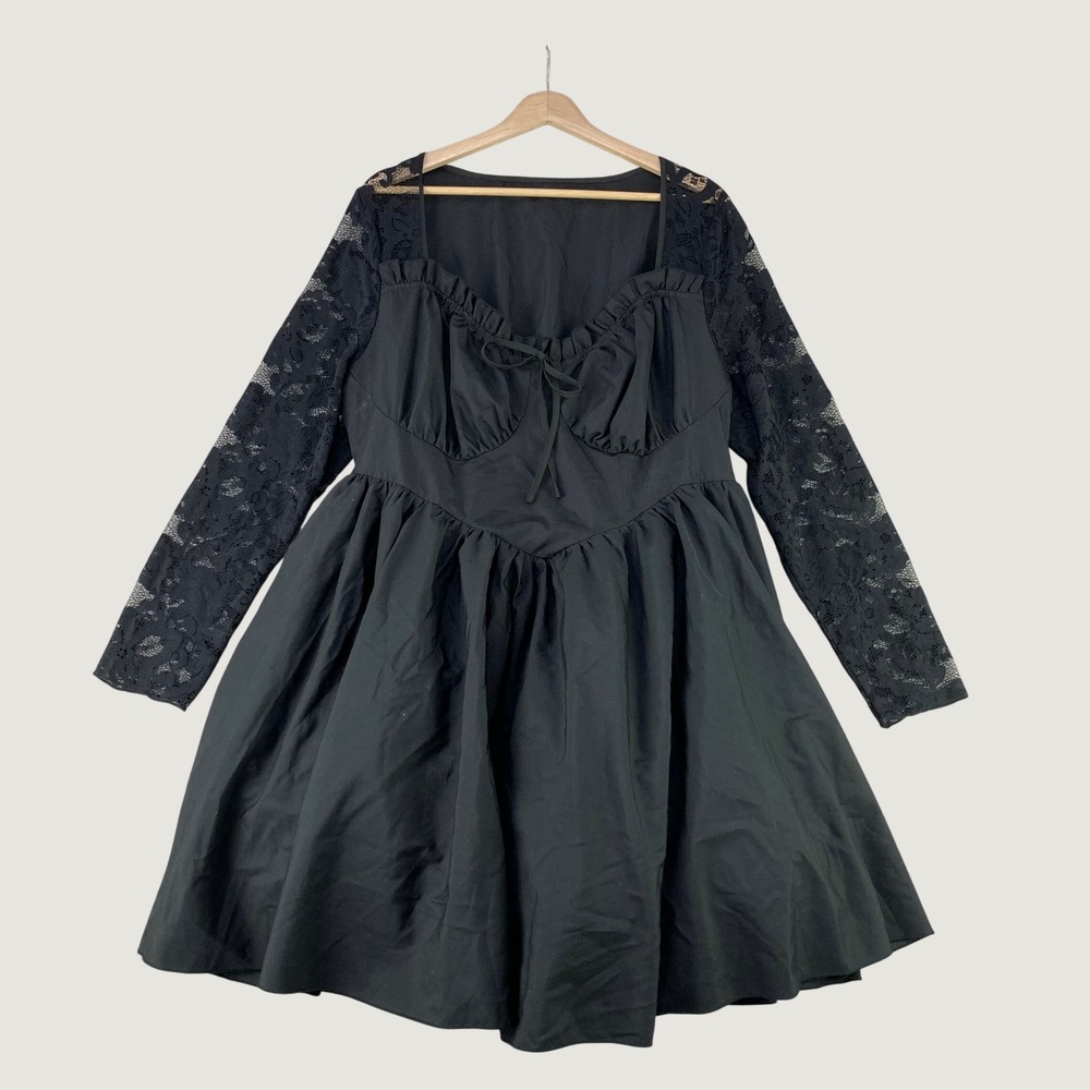 SHEIN Curve Lace Sleeve Mini Dress Womens 2XL Black Gothic Babydoll Ruffle Trim
